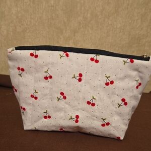 Cherry Print White Cosmetic Bag, New, Homemade. Quilted